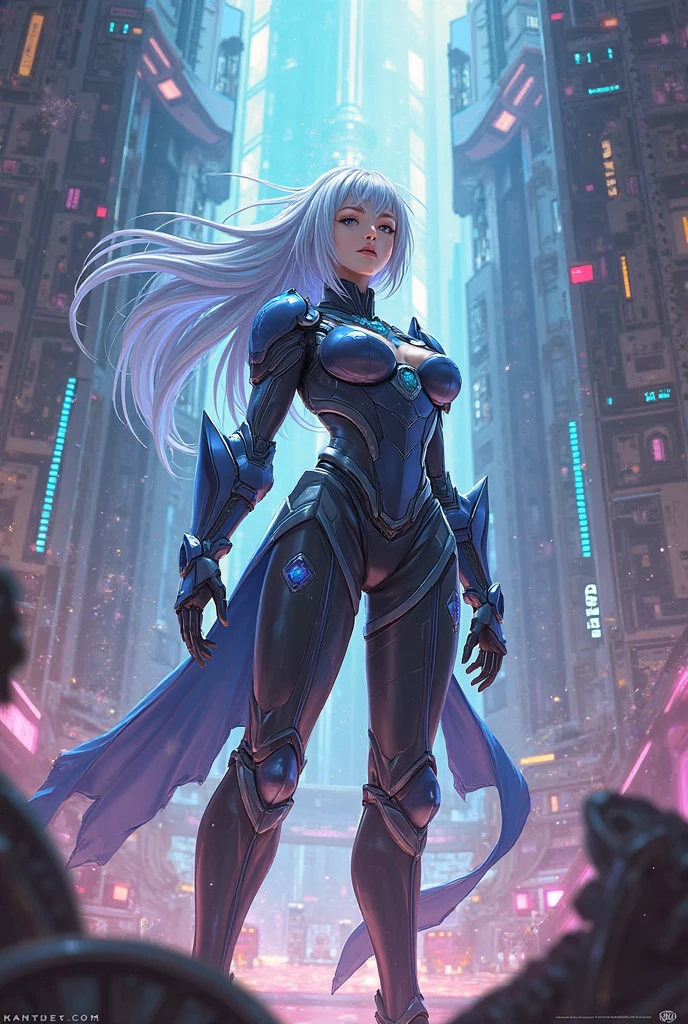 Valkyrie, female, snake-form amor, Honkai impact style, on top of building, full body, blue sky background, Animal Anthropomorphism, realistic digital, humanoid, abstract background, global illumination, intricate, epic, dramatic, masterpiece, high detail, best quality, ultra high res
