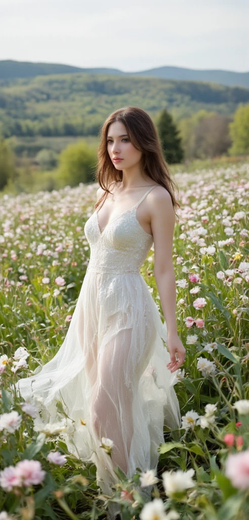 A beautiful young woman is on a flowered hill in a delicate white dress, her bare skin is visible through the thin fabric, she has her legs spread wide and her hands pressed against her crotch, she has a sexually excited look on her face, she is erotic