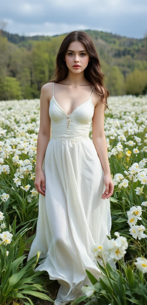 A beautiful european girl, wearing white organza dress, transparent Dress. She is 24 years old, has brown hair and light blue eyes. Her cloth is stylish and her overall appearance is stunning. The girl's face is extremely detailed with beautifully detailed lips. Her skin is anatomically correct with realistic textures. The image should have super high details and be of the best quality, with a resolution of 8K. The final result should be a masterpiece, showcasing the girl's beauty and the vibrant atmosphere of the garden and apple trees