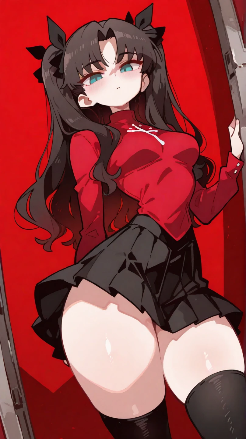 adulto, Cabello negro ondulado, mirada penetrante con ojos profundos de color rojo, estatura promedio, Silky hair with a ponytail hairstyle collected with a red bow with two white lines, tiene pechos medianos, primer plano, session, standing in the middle of his room [[[Risa malvada]]] , Sonrojada, muslos grandes, falda corta, blusa corta de tirantes, elfa, showing her ass to the camera, lifting her skirt so that her panties can be seen, skirt rising