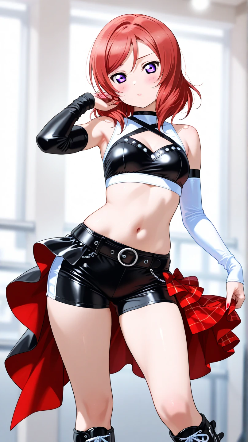 Garota anime ruiva vestindo red leather jacket and blue leather pants, 16 anos, corpo bonito, botas pretas, leather boot shoes, seios grandes, with one hand on your waist and the other on your lips, hand on hip, hand with finger on lip, dedo na boca, garota sexy, red hair with braid, beautiful lighting, sombras suaves, olhos azuis, pernas bonitas, hair with braid, estilo anime, Ranma Chan, Autora Rumiko Takahashi, Baseado em obra de Rumiko Takahashi, Anime Ranma 1/2, seios grandes, decote sexy, quadril robusto, corpo inteiro, corpo inteiro, Seios lindos, garota jovem com corpo belo e bonito, botas pretas, leather boot shoes, red leather jacket and blue leather pants, blusa branca por baixo da jaqueta