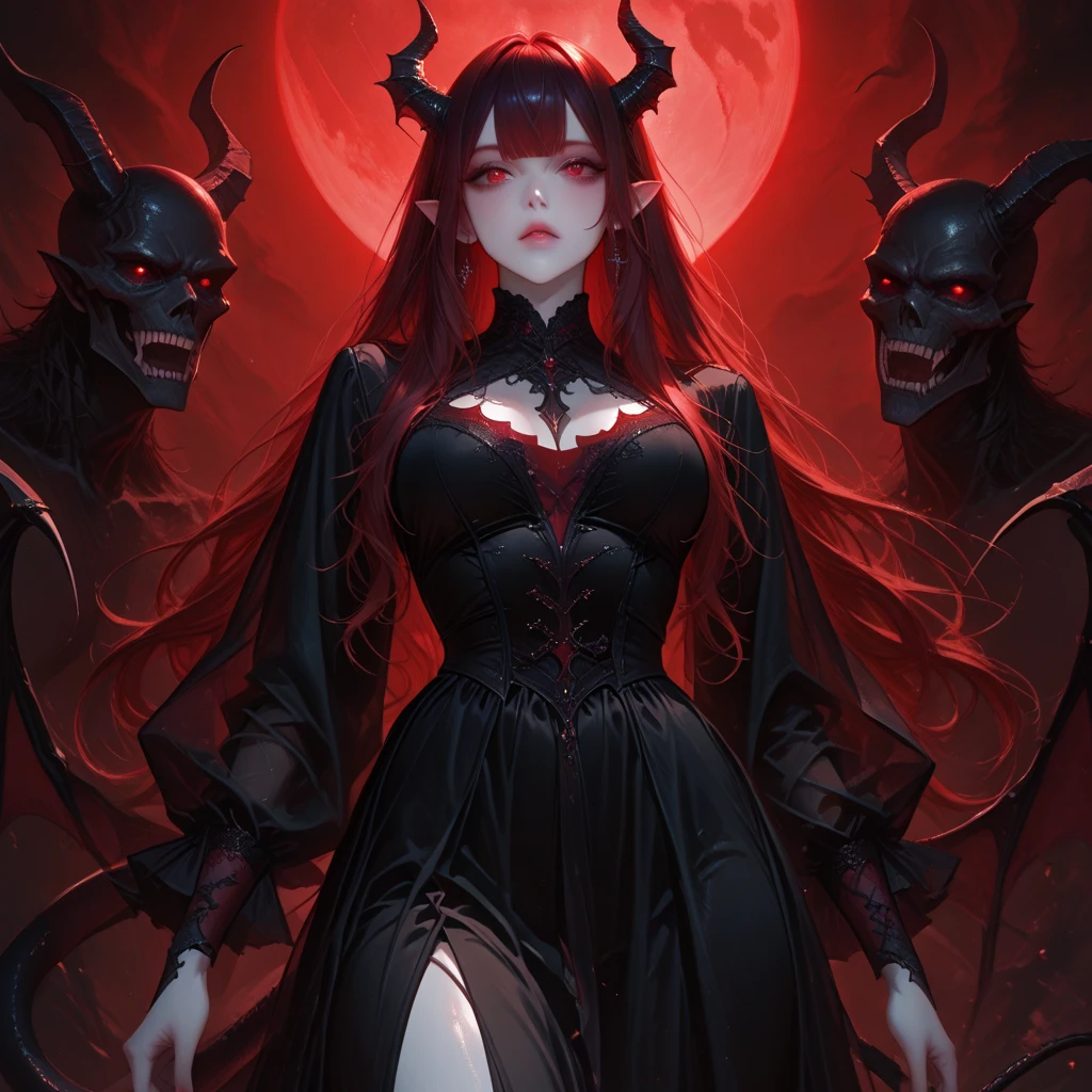 whole body, Solitary,A beautiful female demon, Sitting on the majestic throne of power, With red glowing eyes, Albinos with very pale skin, Long hair fluttering in the wind, Floating flame particles, Long flowing transparent black dress, (Long and complex horns:1.2) desolate, surreal fantasy, at night, Geometric abstract art, fantasy, detailed, (Rim Light, Side lighting:1.4), Bokeh, 4K