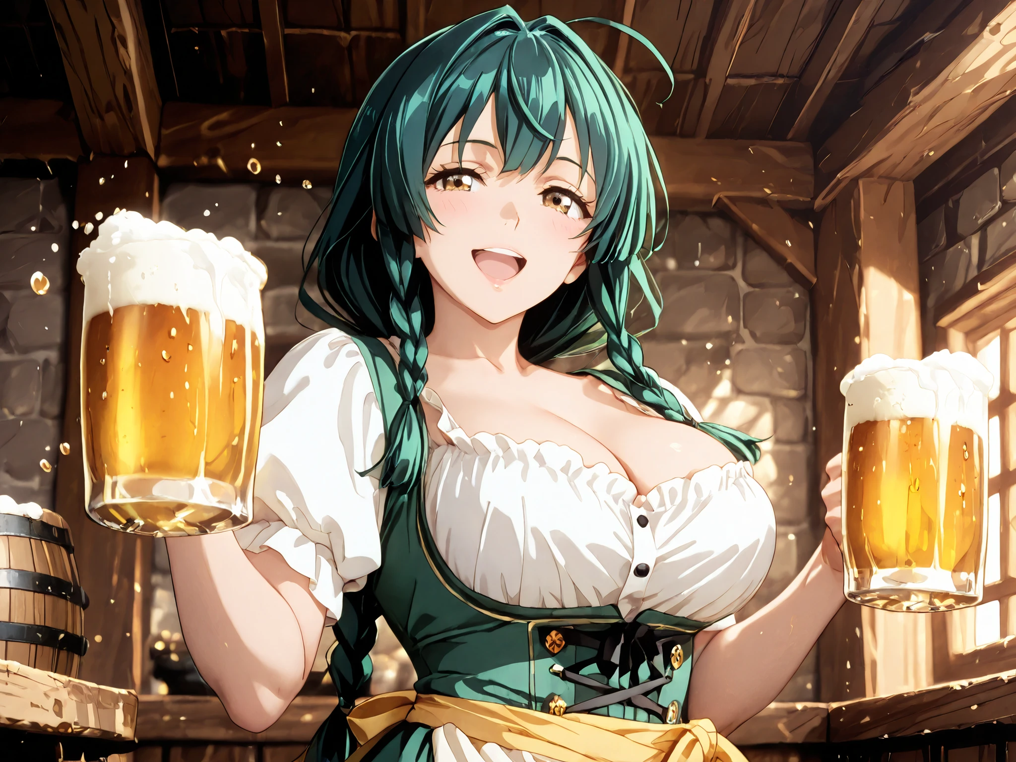 (Best quality, A high resolution, Textured skin, High quality, High details, High details, Extremely detailed CG unity), Enchanted,having fun,Being in love, mead maker in fantasy world, dark green hair, green eyes, ponytail, hair decoration, exquisite costumes,solo person, Dazzle, woman, beautiful, (beer maker), female beer maker, (in distillery), (in beer distillery), beer everywhere, beer barrels, beer in cup