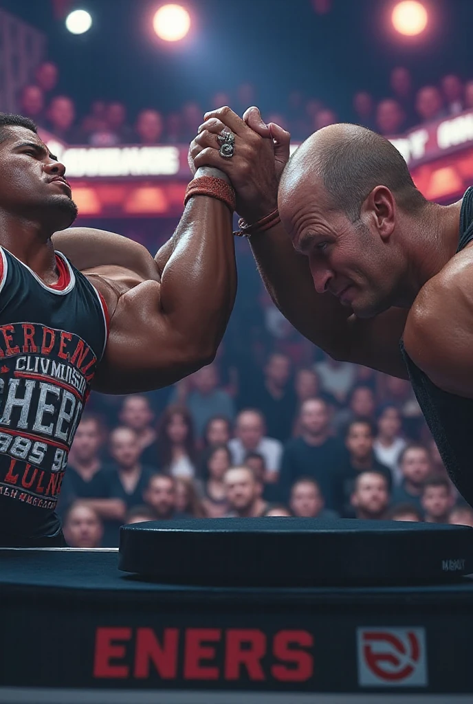 I want to create a UFC image using a photo of two people, one is a buff bald guy and the other is a medium-sized dark-skinned guy without many muscles.