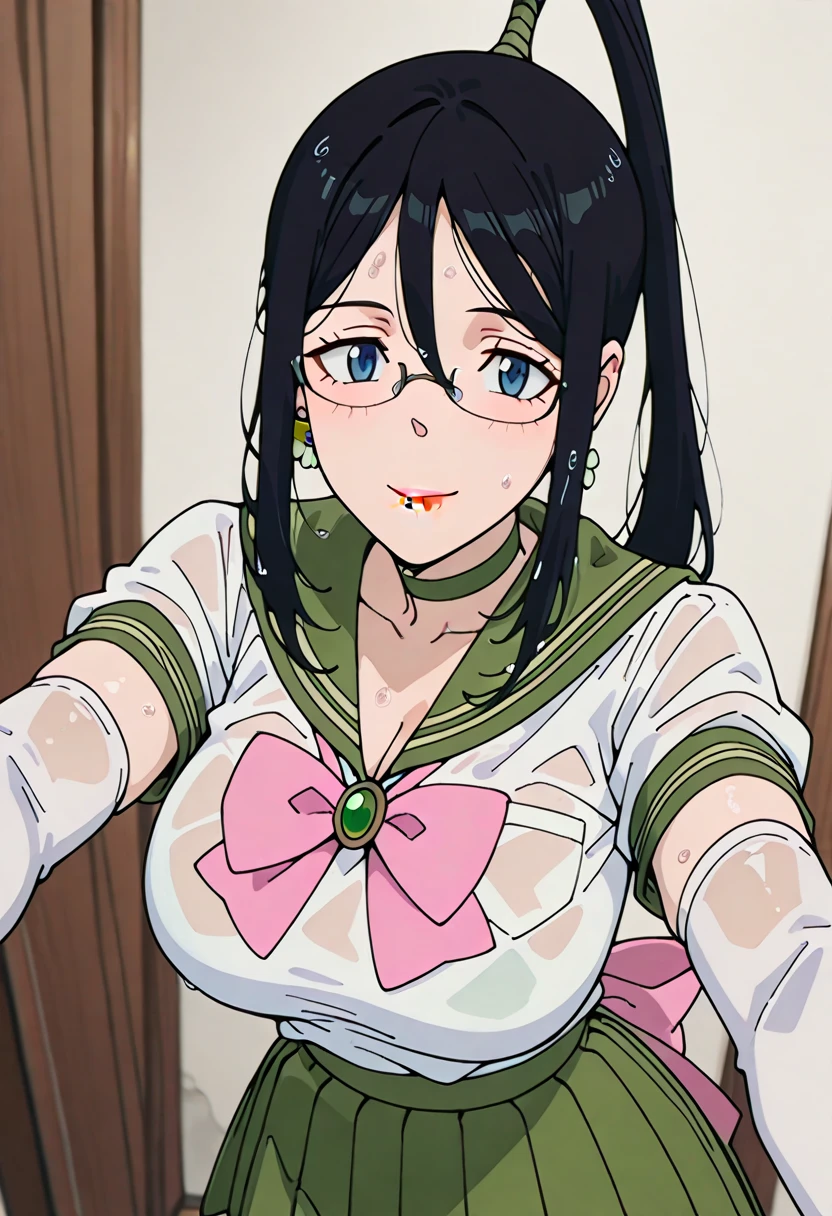 Black Hair, Big chest, chest, ponytail, Tongue out, yandere, Light blush, nurse,Thighs,whole body high resolution,