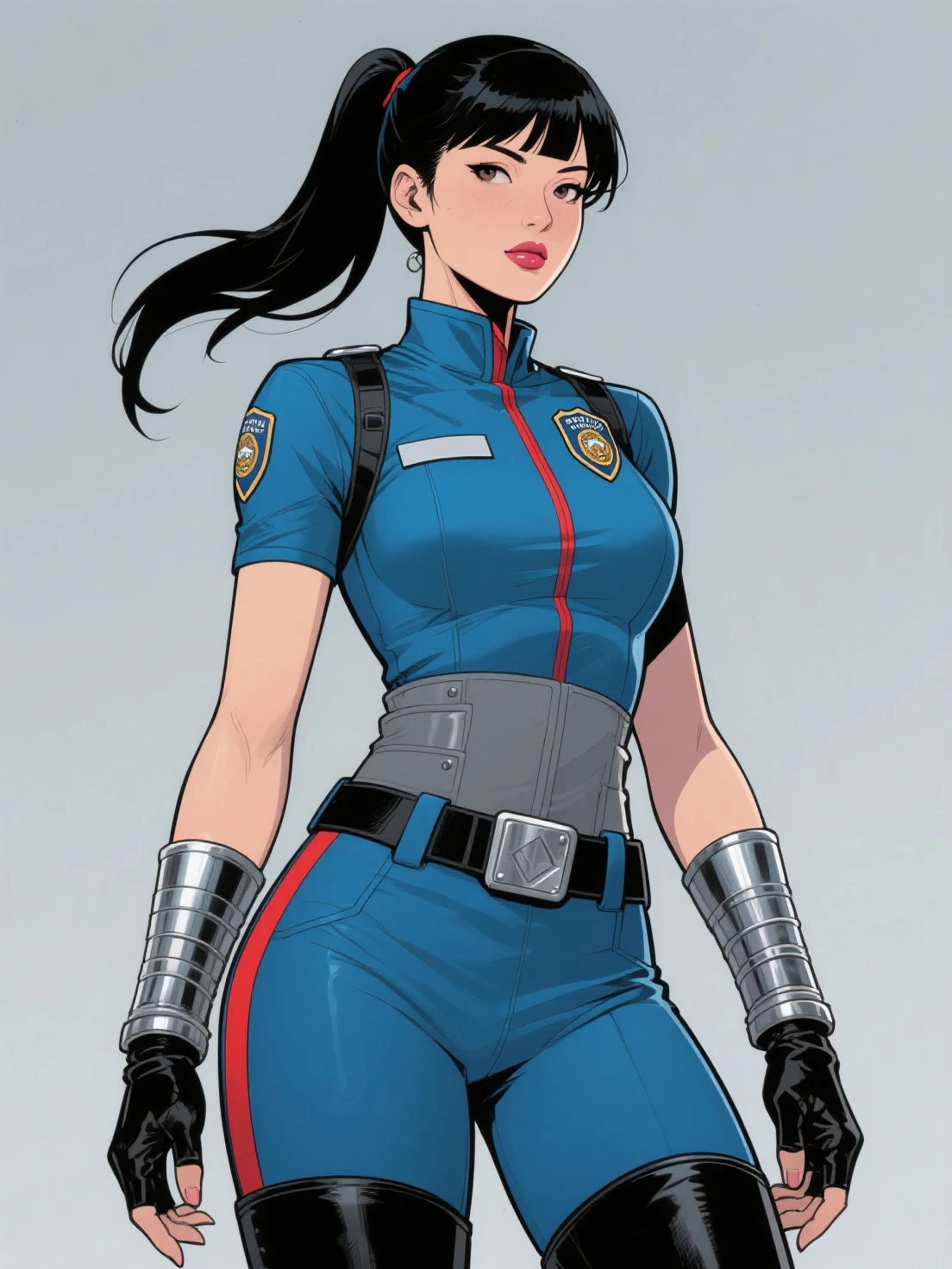 <lora:FutureMai:0.5>,dragon ball,(mai:1.5),1girl,solo,long hair,black hair,blunt bangs,bangs BREAK [SEP],
(revealing uniform,skimpy military uniform,open coat,jacket on shoulders,bare shoulders:1.2) BREAK [SEP],
hat\(mai\) BREAK [SEP],
black gloves,gloves BREAK [SEP],
(revealed cleavage,exposed medium breasts,navel,colarbone,covered nipples:1.1) BREAK [SEP],
(ambient lighting:1.1),(ultra realistic,32k,RAW photo:1.1),(high detailed skin:1.1),8k uhd,dslr BREAK [SEP],
high quality,film grain,(shiny glossy translucent clothing:1.1) BREAK [SEP],
full shot,looking at viewer seductively,flirty smile,naughty face,simple background,(insanely detailed,best quality,masterpiece,photorealistic:1.3),