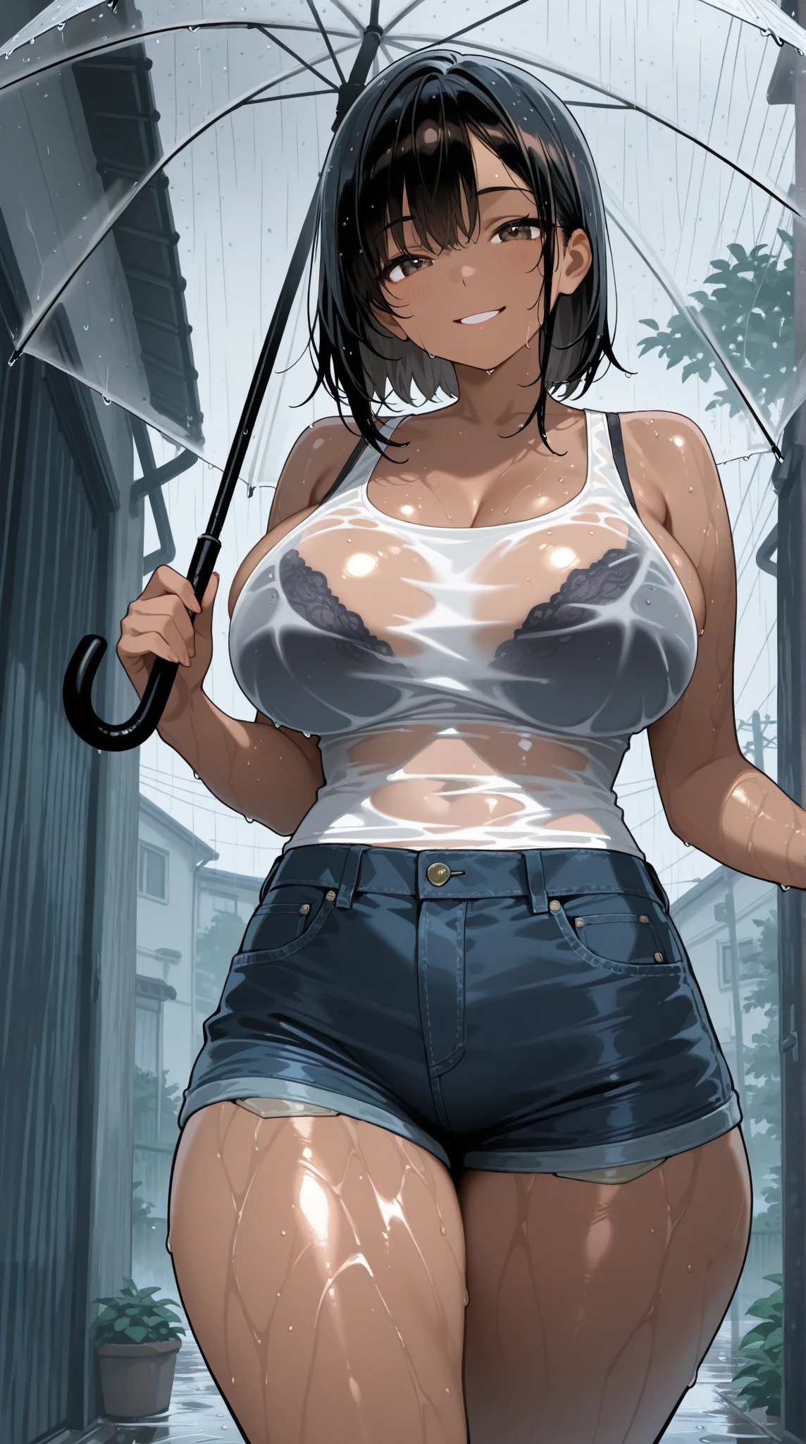 closed mouth, (), ((1girl)), ((((solo))), (((alone))), (((genderbend))), (((female))), wide hips, thick thighs, huge breast, narrow waist, ((blue top)), (jean mini shorts), ((anime artstyle)), long eyelashes, (long black hair), (prostitute), (((raining))), (((storm))), (((at night))), (((wet))), in the dark