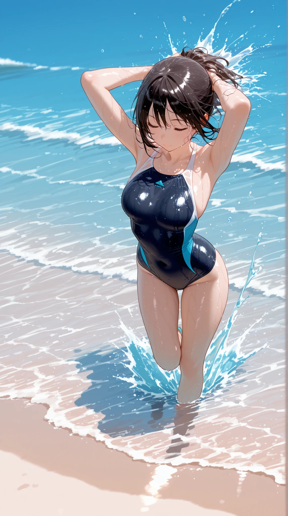 1 girl, Solo,(floating in the pool),22 years old, white swimsuit, masterpiece, best quality, real, ultra detailed, slender, (shiny skin, sweaty:1.4), absurdity, watch viewer, short twin tails, black hair, brown eyes, dynamic lighting, high resolution, sharp focus, depth of field, detailed eyes, sharp pupils, realistic pupils, (small: 1.3), (thighs: 1.1), Being in the pool up to your chest