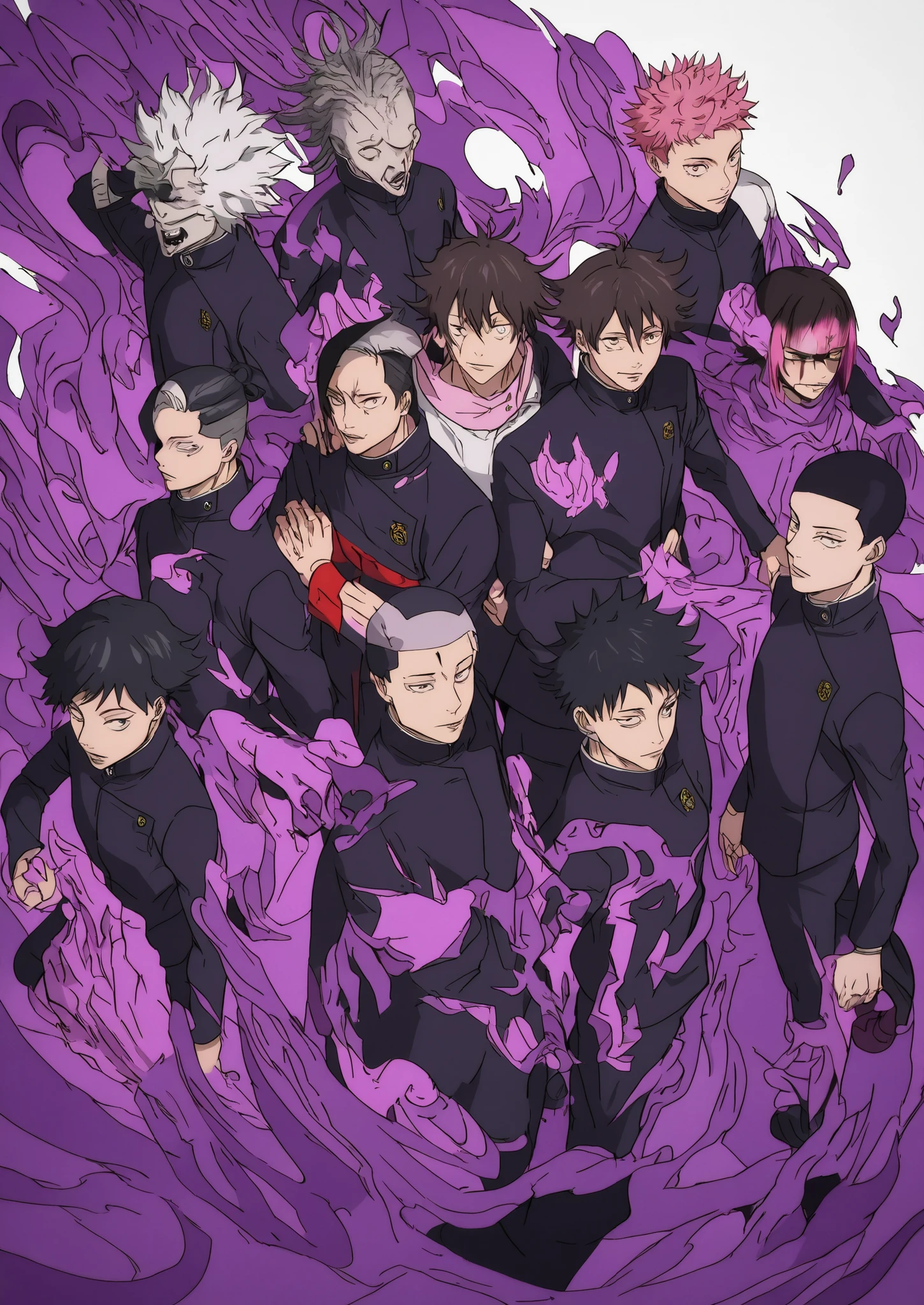 High resolution, masterpiece, Precise, the best quality , very aesthetic, same face, 1 boy, Alone, Cabello corto, Cabello multicolor (pink, white, purple), Cabello ondulado, Cabello desordenado, Ojos amarillos, Colmillos, Feliz, Jujutsu Kaizen academy uniform, Jujutsu kaizen style art, cursed energy, Jujutsu Kaizen academy background