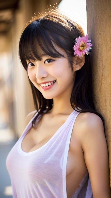 ((of the highest quality, 8K, masutepiece: 1.3)), Sharp Focus: 1.2, Beautiful woman with perfect body: 1.4, Slim abdomen: 1.2, ((,Super huge: 1.2)), Sleeveless, Market with lots of colorful fruits from abroad, Highly detailed face and skin and armpit textures, Detailed eyes,Sexy, Cute smile、Armpit、They're about to undress、short-hair、Dynamic Pose