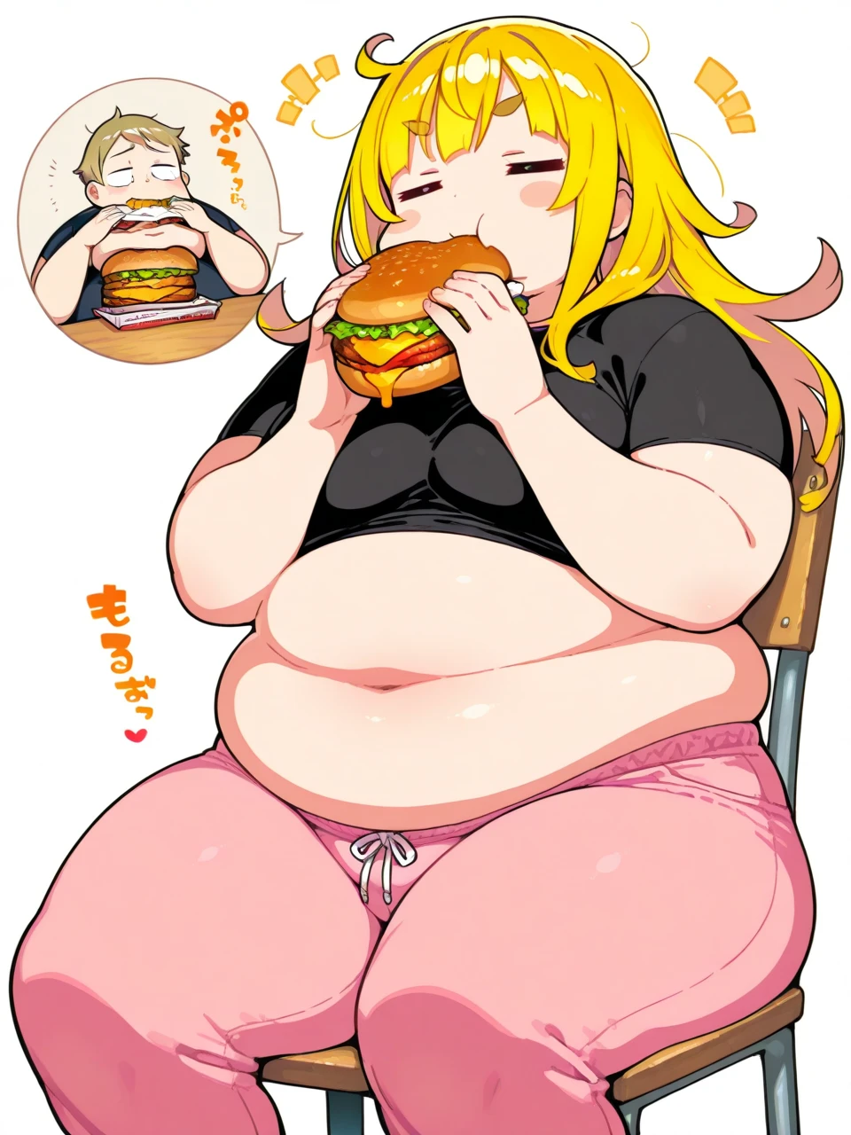 fat, large belly, big belly, very fat, large stomach, chubby (best quality, masterpiece), fat belly, at, large belly, standing, grabbing belly, very fat, large stomach, chubby (best quality, masterpiece), thanksgiving, wearing sweater, grabbing belly, sitting down, table with of food, table tons of food, lots of food, holding belly, table with food, blonde hair