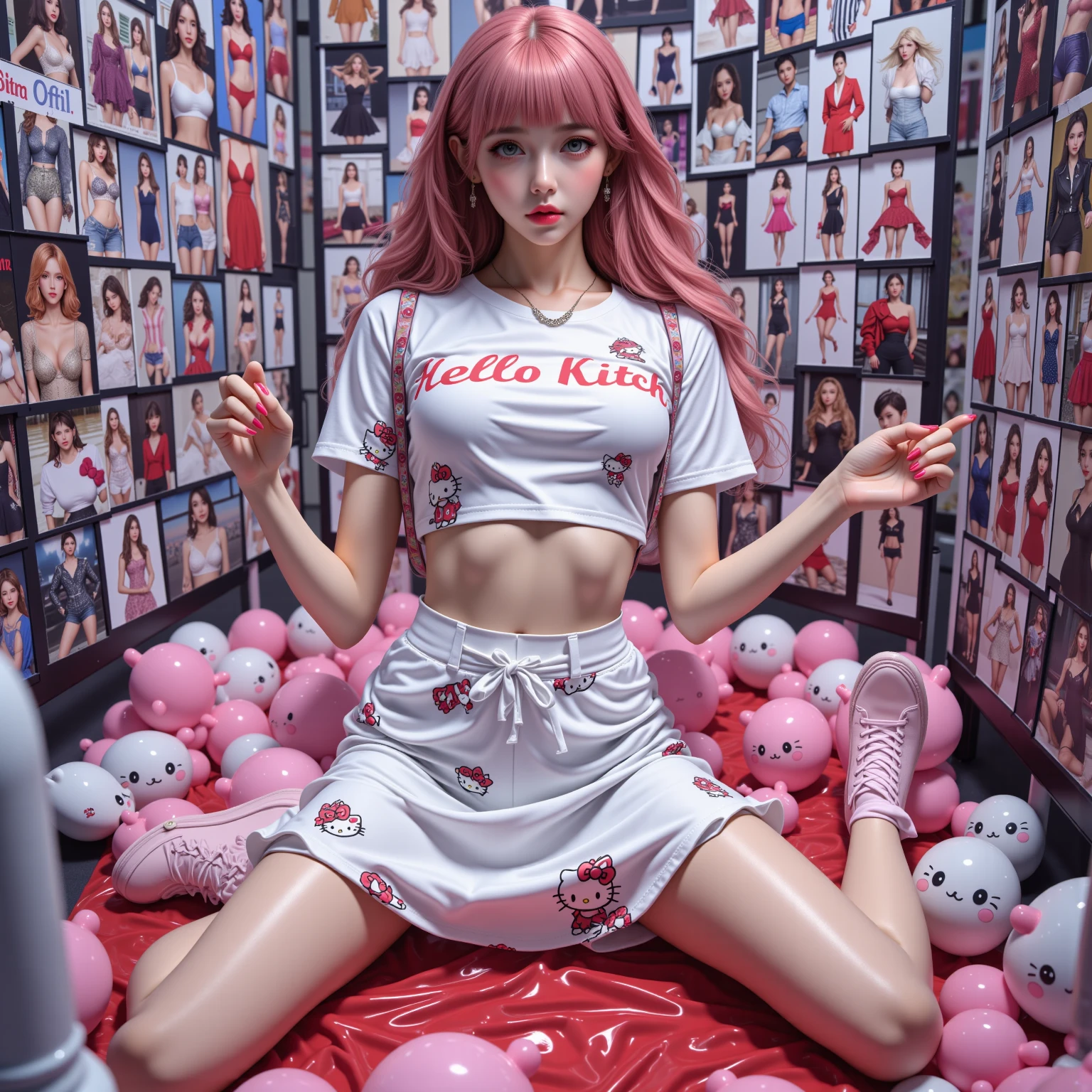 White and Bright Red, (Masterpiece 8K TopQuality:1.2) (ProfessionalPhoto:1.37) ExtremelyDetailed (((PUNIPUNI KAWAII girl in WHITE "SUPER BITCH" Printed T-shirt:1.4))) (Lying FullBody on back from DirectlyAbove:1.28) glowing body