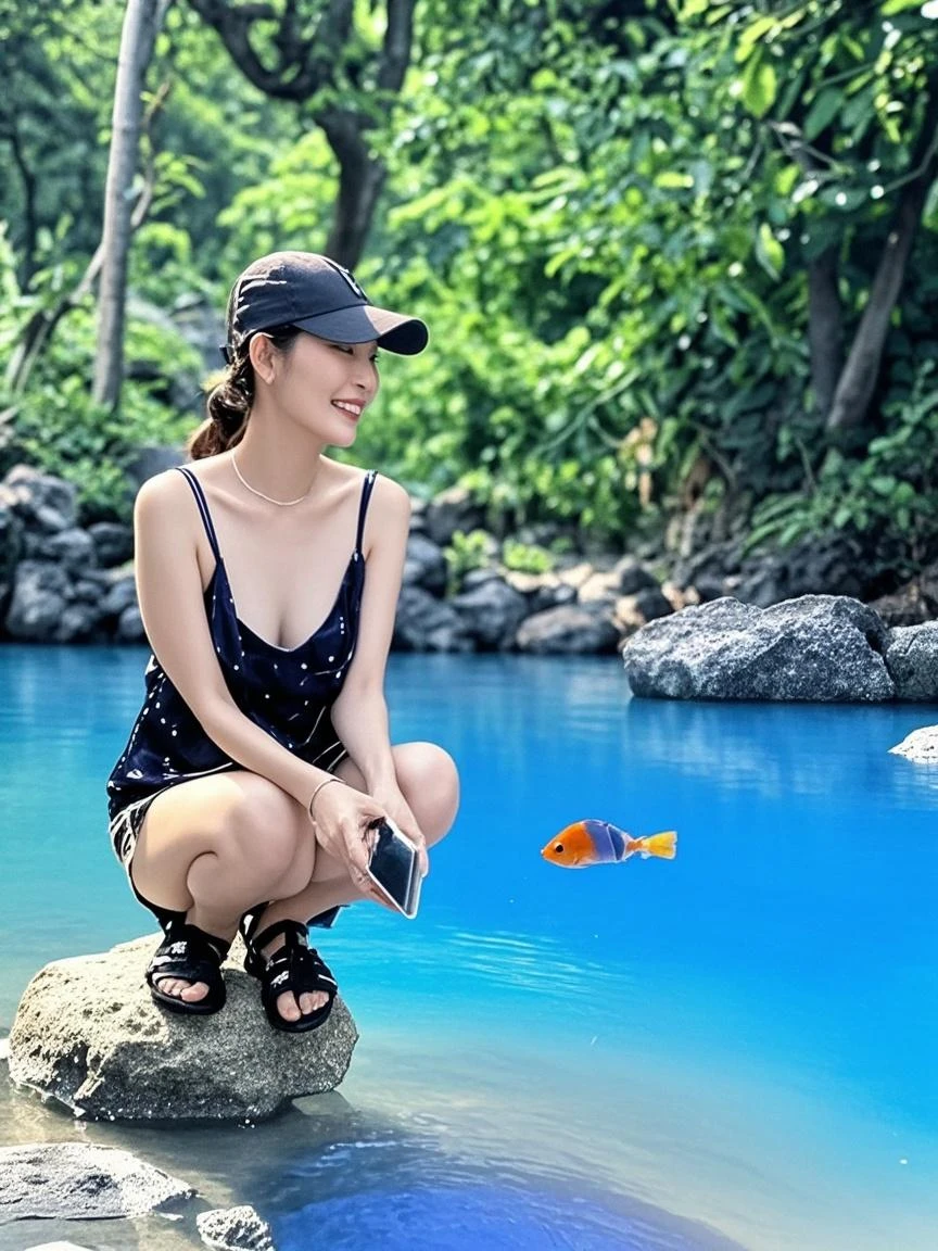 A woman with short curly hair, wearing a teal top and denim shorts, sitting in a tranquil Japanese garden with cherry blossoms and a koi pond.
