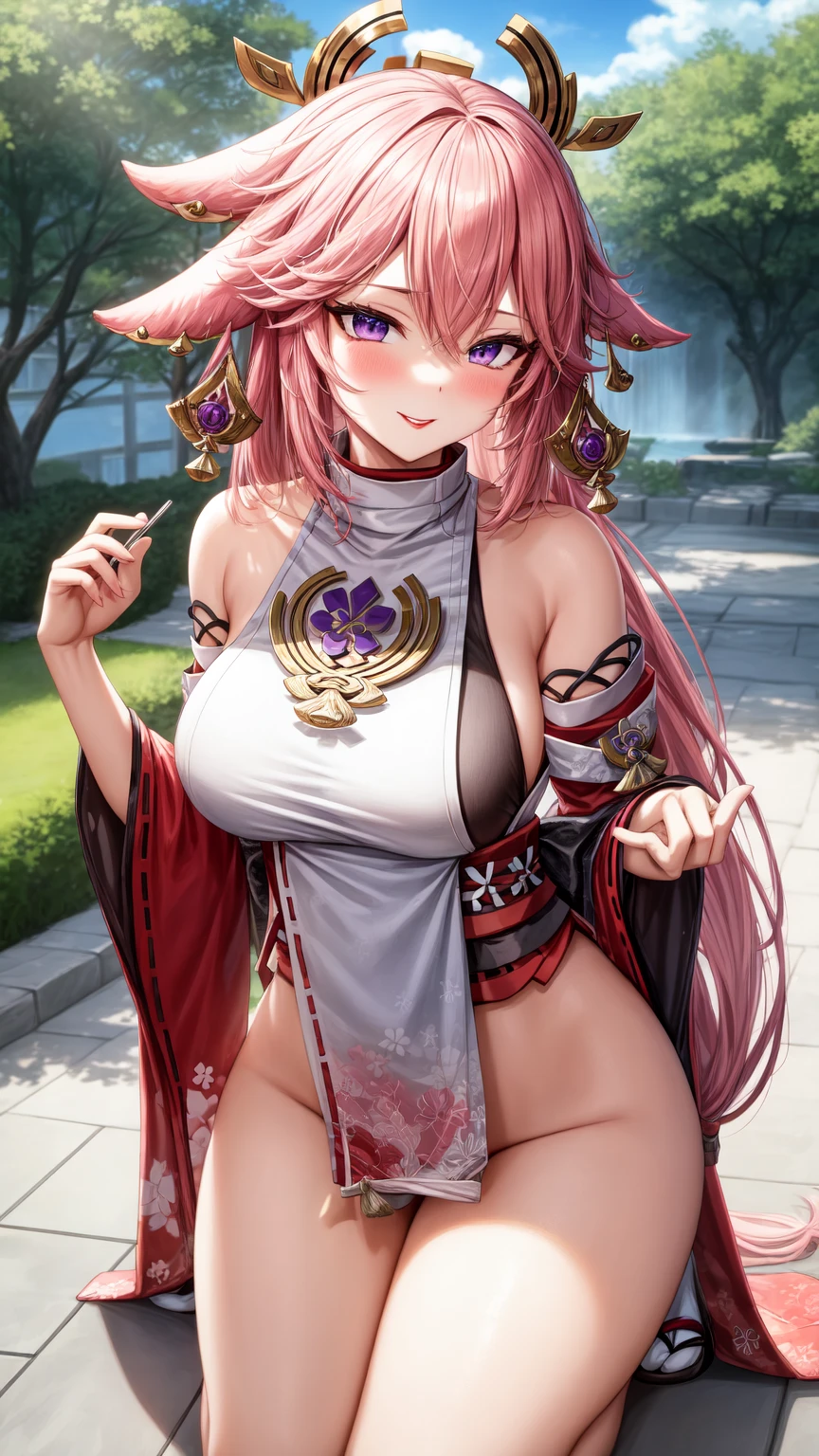 8k high definition, Mitsuri Kanroji, pink hair, green hair, braids, huge natural breasts, seductive pose, shy embarrassed smile, arms behind back, sitting, black kimono