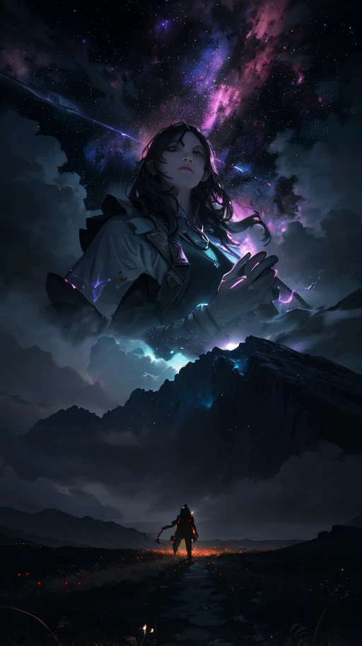 Masterpiece Portrait, Extreme details, Very detailed, 8K octane, HDR, Super detailed, best quality, best quality, Realistic lighting, Ultra Detailed,High Rendering,(lightning),radioelement,光影Special Effects,巨大的lightning,(Floating stone chips,abyss)大地Shatter,((Special Effects))End of the World,Distorted Space,(+Shatter+),Apocalypse,A starry sky that fades from dark blue to purple,Best shooting angle,