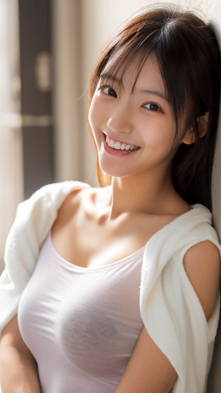 Wet roads ,drenched, Dripping, Wet Face,Wet clothes, Wet Skin, Wet Hair,A young woman with a cute face like a Japanese idol,Laugh a little,(Cleavage),((Cinema Lighting),(Natural light),(High level of artistry),(artistic),(Indistinguishable quality from the real thing),RAW Photos,Genuine,Genuine,High resolution,RAW Photos,masterpiece, beautiful