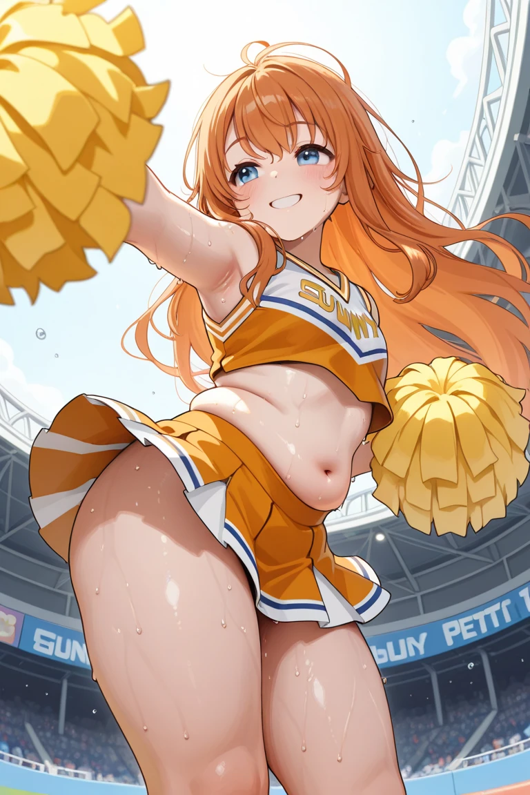 NSFW,Honoka kousaka love live, cowboy shot, blue eyes, orange hair,hair flower, solo, sailor top, sleeveless, breasts, micro skirt, perfect eyes, Perfect iris，Perfect skin，Soft front light，outdoor；（pastel colour:1.2),(lipstick:0.8) ,sexy pose,wink, standing, mommy,low twintails, curvy thicc body , Long hair , blushing , one leg up,leg holding , cheerleader, cheering , sweating 