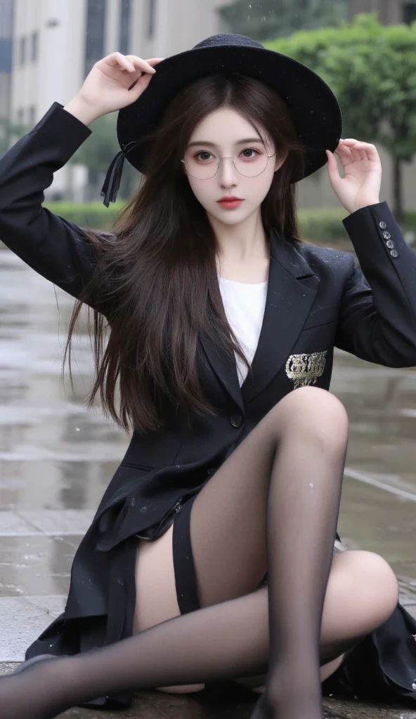 A woman in her 30s with loose black hair, she wears round glasses and black clothes, she has very white skin and very long, bouncy legs, she is a detective in the middle of an anime-style investigation