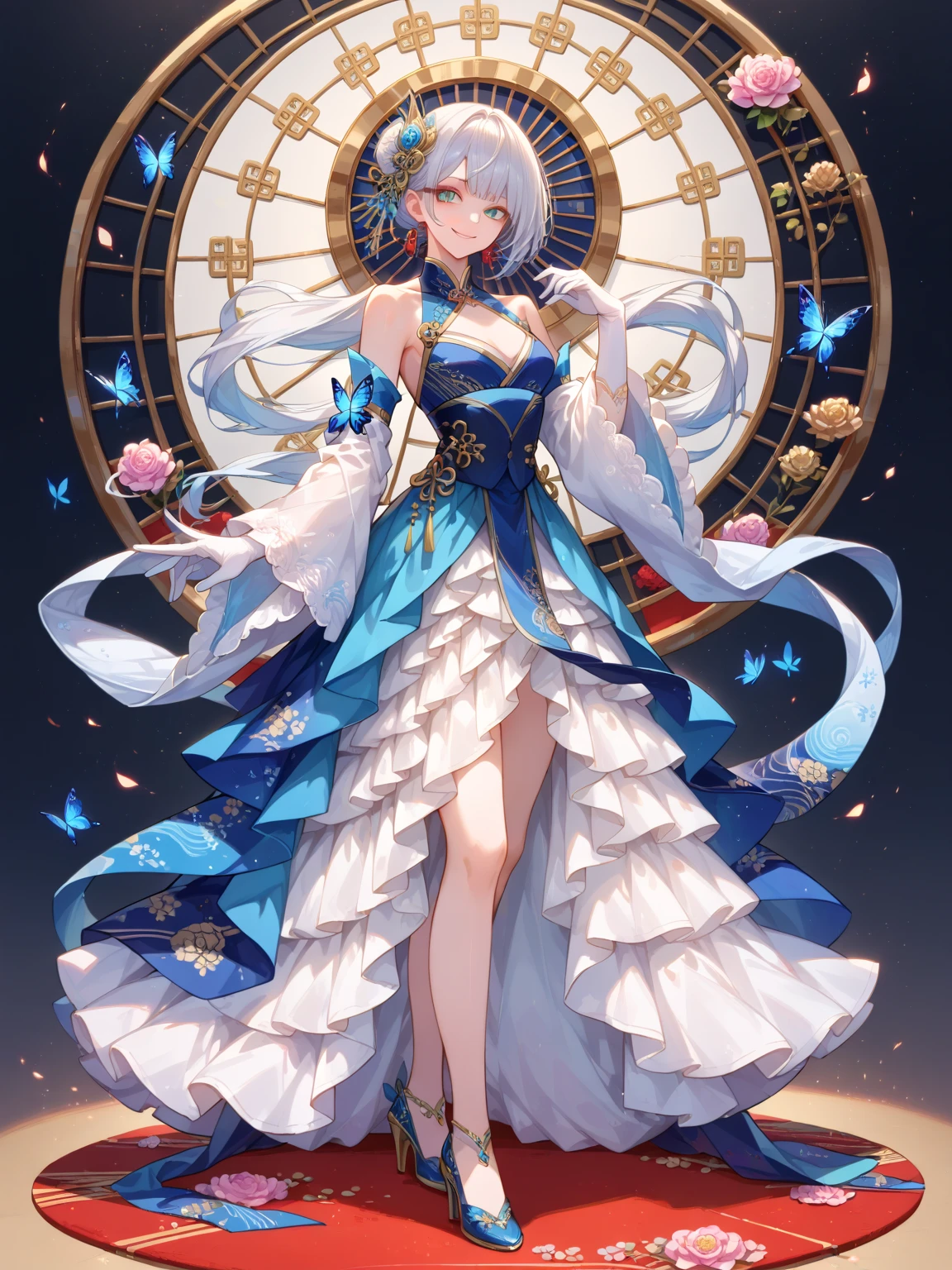 background white、White background、(top quality、8k、Masterpiece:1.3) Highly detailed facial and skin textures、Whole BodyEsbian、very delicate blue eyes、double eyelids、white skinned、hair length、(round face:1.5)、A black-haired one、Cyan-white Lolita dress with Chinese elements(Formal dress styles、Han element clothing、Chinese style dress that combines classical and modern styles)、Headband、hair tucking、Elements of ice, water and white dove、smiling、front、Full body shot from head to toe、pass upright、stand up straight、Pictures of standing on the tips of shoes