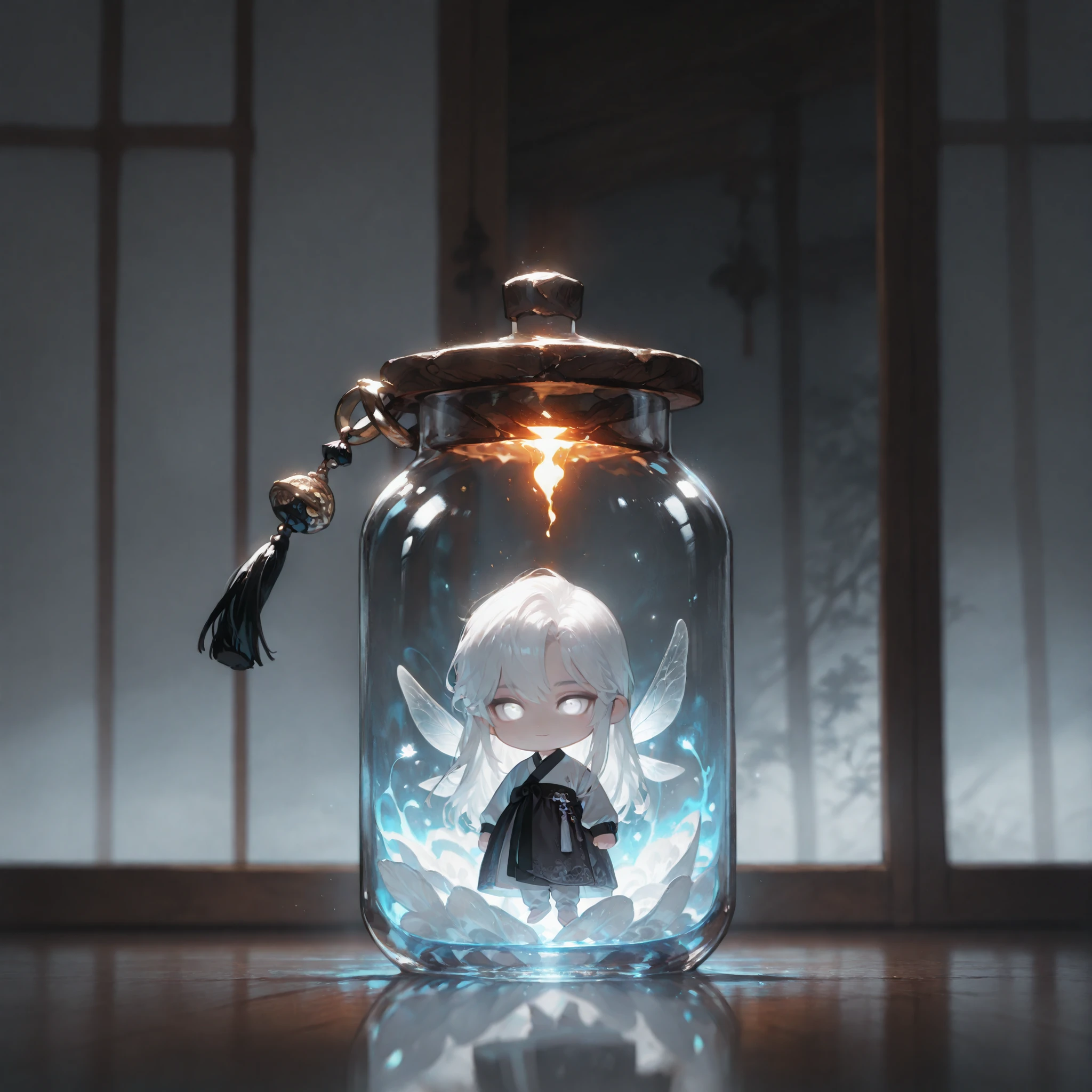 (masterpiece, high quality, ultra-detailed), chibi, solo, 1 boy, close-up, cinematic lighting, dramatic,

male fairy, handsome, long hair, hip-length hair, white hair, white eyes with gray outline, slight smile, traditional korean male outfit white, hanbok,

Inside a sealed transparent round glass bottle, Glowing liquid inside, Fairy in a bottle