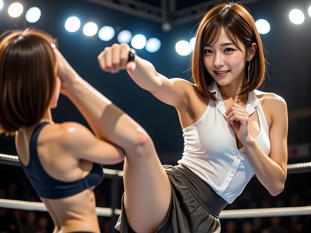 a female professional wrestler fighting in a wrestling ring. The wrestler should be in a dynamic pose, demonstrating her strength and athleticism. The background should include the wrestling ring with ropes and turnbuckles, and a cheering crowd. ,
, and legs),
15year old girl.
(bob hair), bangs, shoes, (leg muscles:1.2), (butt muscles:1.2).
(panties:1.3), socks, slippers,tan skin, full body, armpit job, armpit,
huge breasts, (massive oversized huge heavy natural DDD tits : 0.9), (sharp focus:1.9), ( wet hair : 1.3),
Slim waist, office room, (pubic hair: 1.3),
extremely detailed eyes and face, beautiful detailed nose, beautiful detailed eyes, long eyelashes, light on face, looking at viewer, (bob hair : 1.8),(gleaming skin:1.83), squat,
(RAW photo, best quality), (realistic, photo-realistic:1.3), masterpiece, an extremely delicate and beautiful, extremely detailed, CG, unity , 2k wallpaper, Amazing, finely detail, light smile, extremely detailed CG unity 8k wallpaper, huge filesize, ultra-detailed, highres, absurdres, soft light, detailed, legs, beautiful legs, detailed fingers, extremely detailed eyes and face, beautiful detailed nose, beautiful detailed eyes, long eyelashes,