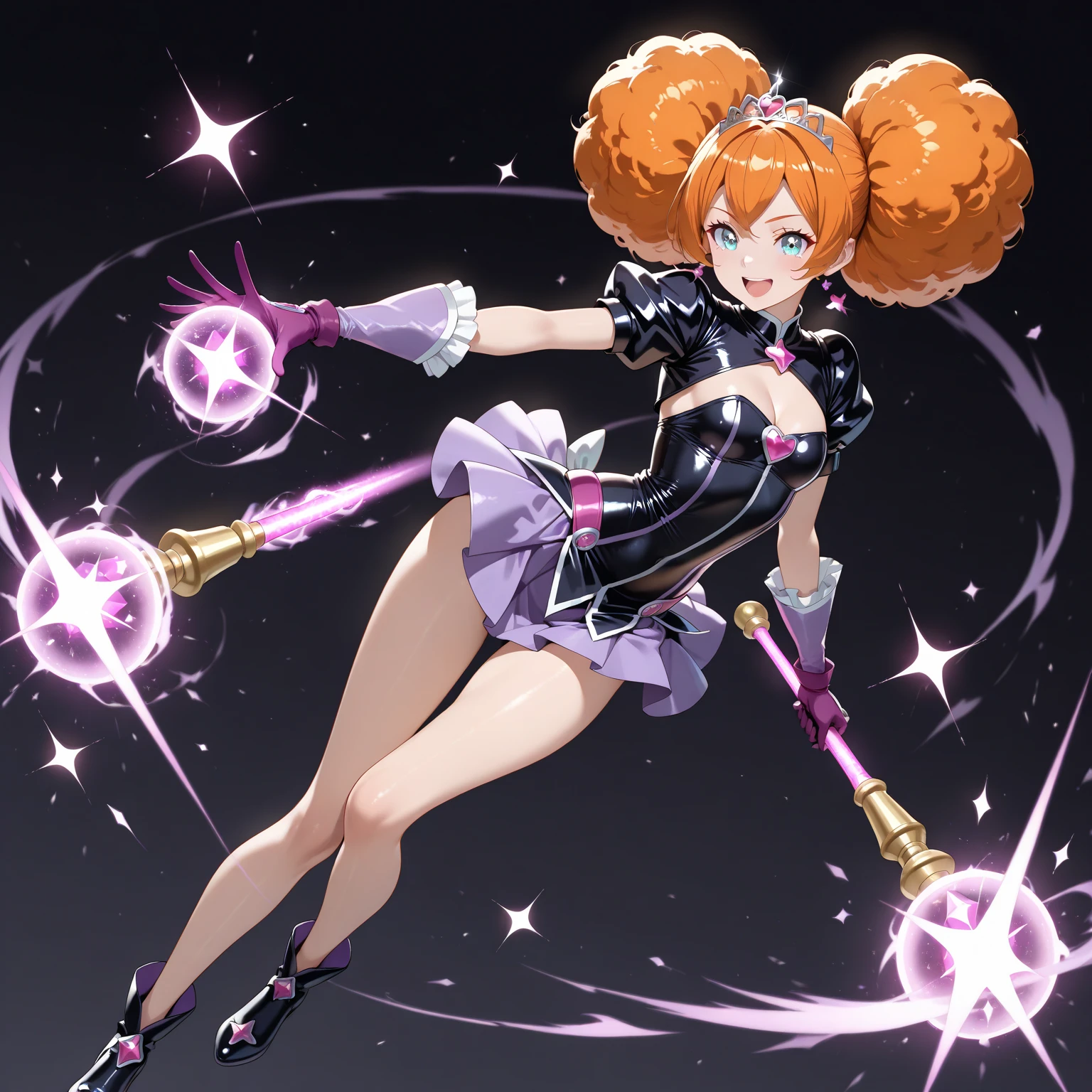ung woman, (((extremely cute and beautiful))), (((smile))), (((open mouth))),  (((fully exposed neckline))), (((medium breasts))), (((thick thighs))), (((white top))), long hair, (((red hair))), ((full body)), shiny skin, (((Long twintails))), (((green eyes))), (((magical girl style))), (((magical girl uniform))), (((purple mini skirt))), (((Long gloves purple))), ((magic rod))), (((hair ribbon))), (((hair ties))), sparkling heart pink background, crystal light effect, ( Magic Effect: 0.9)