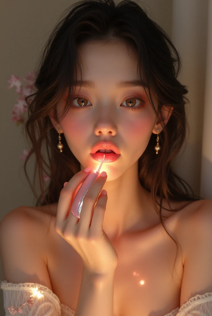 Cute girl, cum in face, A slim body,cum on face, naked tits, holds penis in hand takes it in mouth., Photo taken from above, detailed face, beautiful eyes, long eyelashes, cute expression, Cozy living room, photorealistic, 4K, high quality