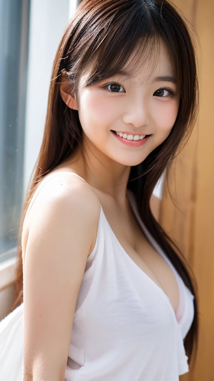Japanese ),((beautiful girl)),cleavage,An expression that imagines something pleasant:1.2,(perfect body beauty:1.2),((perfect body)),(shy smile),beautiful teeth,