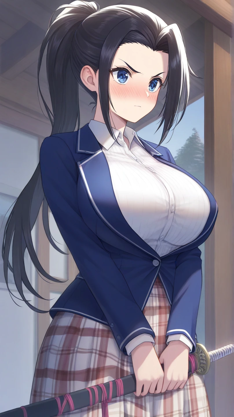 bloom, (blunt bangs:1.3), (hime cut:1.3), (covered nipples:1.3), (medium:0.8) (large:0.6) round breasts, cleavage, (mature female:1.6), black hair, long hair, (blunt_ends:1.3), blue eyes, purple_eyeshadow, white_tied_shirt, short sleeves, red plaid miniskirt, black belt collarbone, toned, lineart, vivid colors, day, purple_eyeshadow, makeup, tavern, cat_ears, cowboy_shot