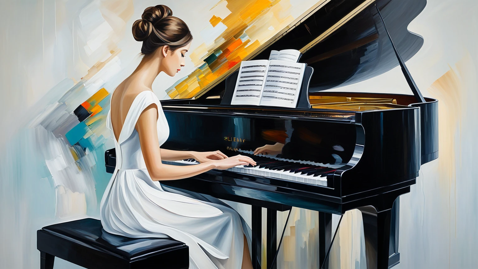 Impressionist oil painting of a naked Japanese lady, playing piano, sitting, from behind