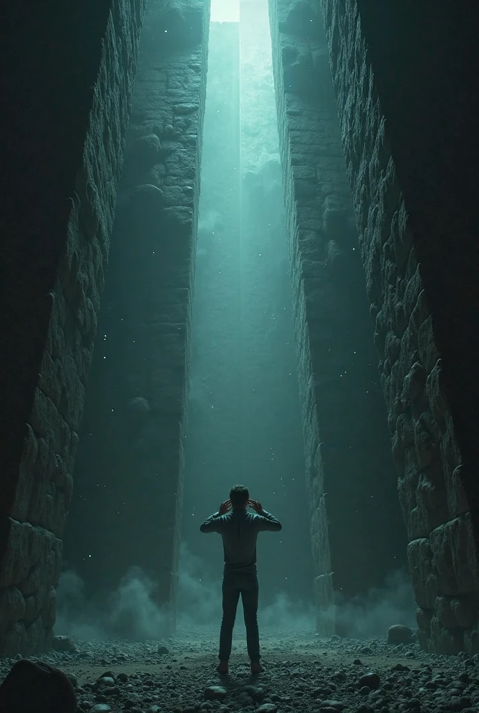 Generate the image of a young white man,defined shirtless, he is trapped in a well-shaped prison, Deep,long,hits and darkens,
He is looking up from the shore, where you see the exit there is also the silhouette of a man looking back,