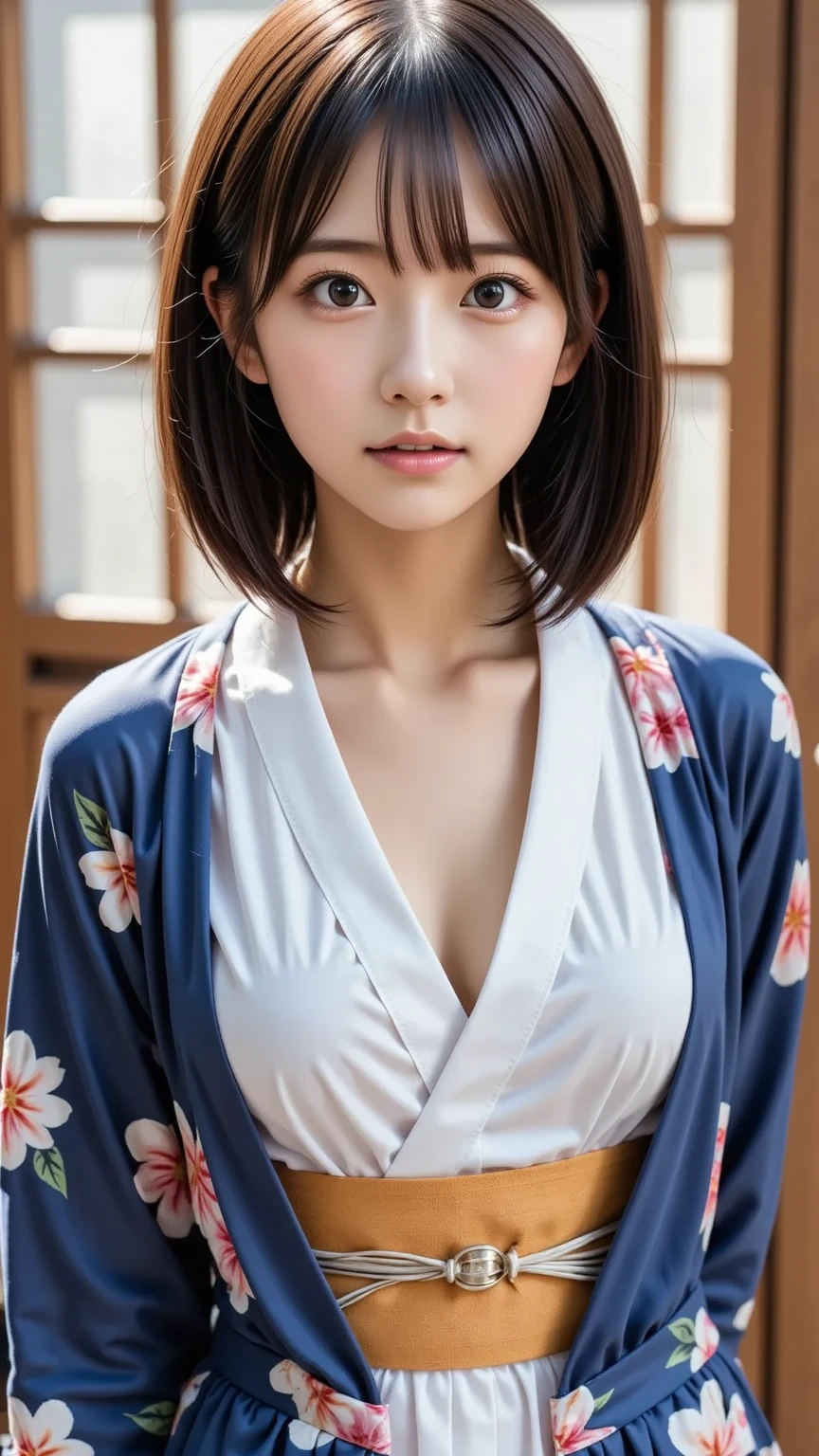 highest quality、(professional writing)、masterpiece、Detailed workmanship、(high resolution:1.1)、(8K, High resolution:1.2)、(RAW photo, photorealistic:1.3)、slender body shape、high definition face、(Face is in focus、high definition eyes)、(Focused, symmetrical pupils:1.2)、High-definition and beautiful skin、firm skin、natural makeup、gross lip, High-definition hair texture, (japanese woman、high school girl:1.3)、17 years old、(hair bun:1.2), unparalleled beauty、break (A patterned yukata with an open hem, multiple color:1.3) break bedroom, (on the bed、I have my hands on my chest:1.3)、(lying on one’s back:1.3), (shy face), medium breast, cleavage, (nipples), (very embarrassed, blush:1.3)、(shot from above:1.2), looking at viewer:1.2