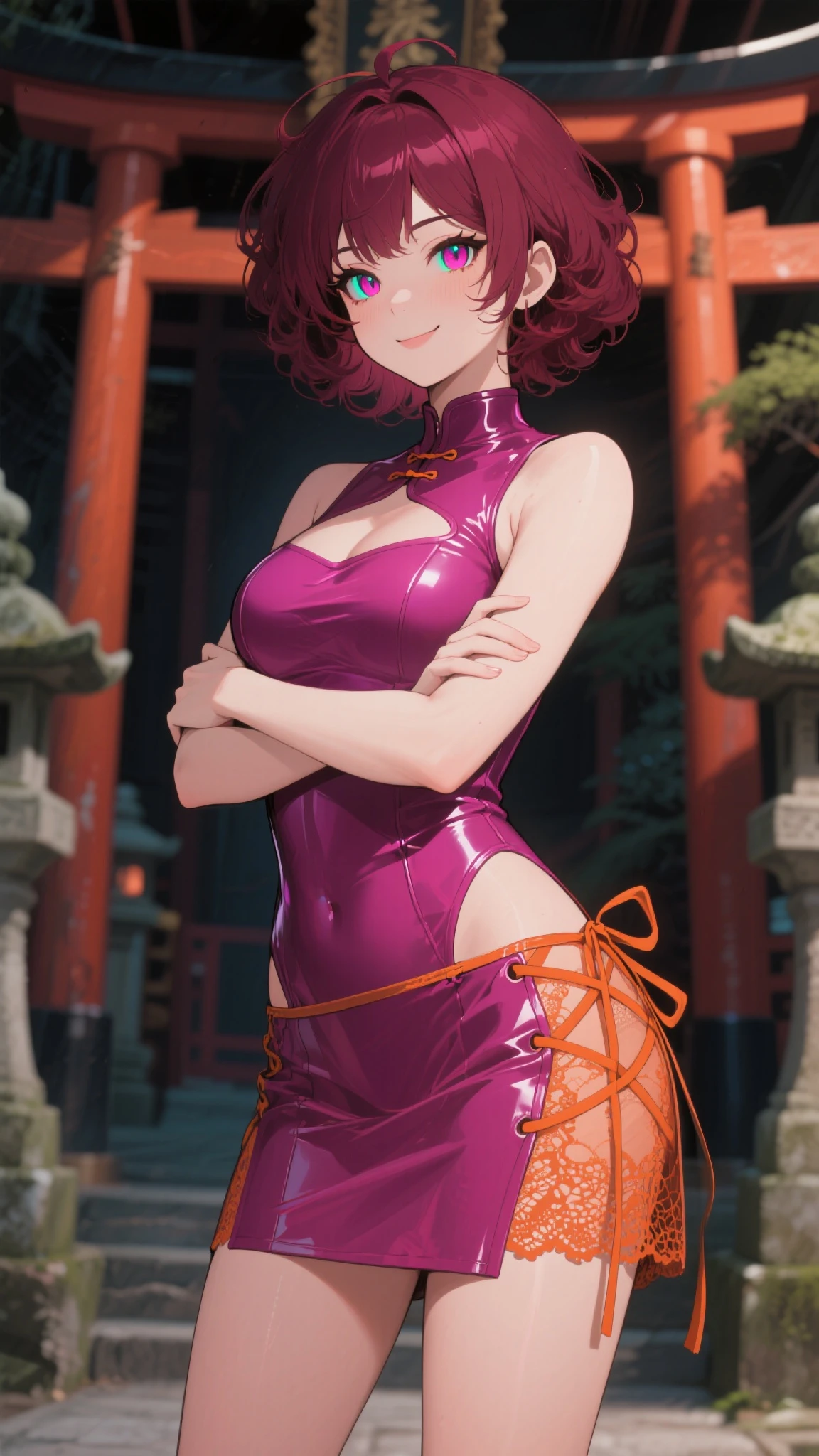 best quality, 4K wallpaper, masterpiece, extremely detailed CG unity 8k wallpaper, extremely detailed eyes, ultra-detailed, 1girl, solo, medium breasts, Ollie, zombie_skin, multicolored hair, multicolored eyes, twintail hair, earrings, style-bridal, outdoors, night, graveyard, looking at viewer, smile, standing, crossed legs, upper body,