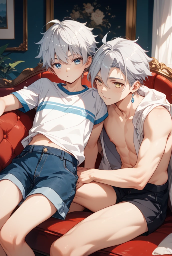 (absurdres, highres, ultra detailed), masterpiece, 15yo boy in towel around his waist, duo, handsome, short hair, white hair, killua ,blue eye, finely eye, detailed face, (forehead), topless, on bathtub, full body view, steam, from side, look at viewer, thick fog, in japan style, home muji style, friend yellow hair, 2boy, kiss on cheek