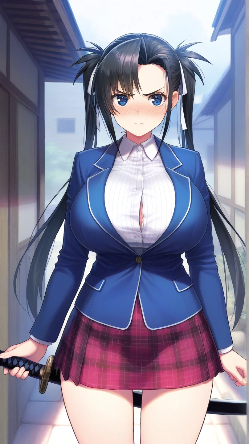 1girl, ((school uniform)), mature female, tall female, dark blue hair, black hair, long hair, wavy mouth, blue eyes, shy, timid, huge breasts, thick thighs, pantyhose, arms behind back, white skirt, skirt, red necktie, necktie, black jacket, pleated skirt, red glasses, glasses, ((black jacket)), jacket