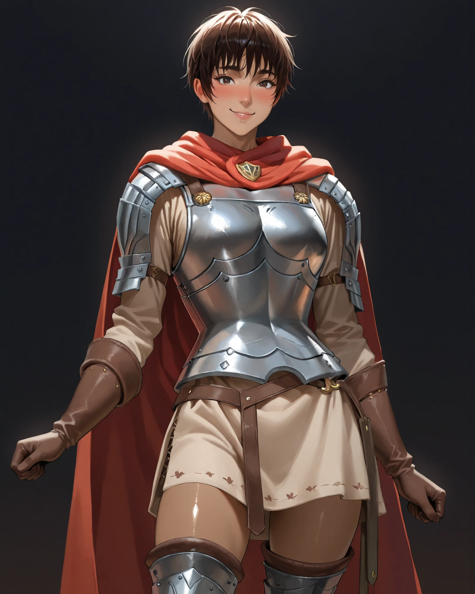 closeup, Sluisap, eyes、usnr、GBF_style、748cmstyle、32K、Semi-realistic、 super detailed description 、Artwork、Original Works、 detailed color、 detailed eyes、 detailed lips 、 The Greatest Masterpiece、Professional work、normal 、Berserk Character, Casca , Casca, (Casca :1.3 cosplay )  , dark background ,  cowboy shot,  , full frame , full length , shiny body,  ,( full body view1:3), , full body view  ,  , normal  , looking at the viewer , smile ,cleavage  ,  ,full body ,  black background , nose blush , ,short pixie cut, messy bangs, dark skin tone , Wearing a steel chest plate , shoulder protections , beige tunic under the armor ,  , orange red cloak draped from the shoulders , brown leather gloves , armored vambraces , short , pale tunic extending to mid thigh , brown underlayer  leather , padded leg armor , armored boots ,  , 
