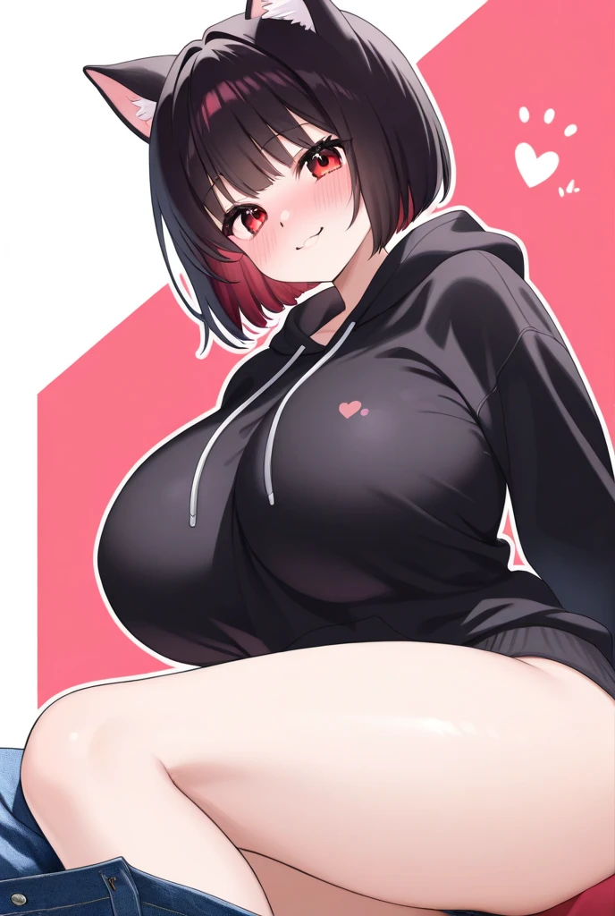 room, bed, 1girl, looking at viewer, shocked face, short black pink hair, pink eyes, big tits, red bodycon dress, side slit skirt, bare tummy, sweaty cleavage, thick thighs, big ass, sweat on cleavage, laying on bed, hands on waist, cum on cleavage, cum: 1.5, shy face, mouth wide open, bikini, cropped bust hoodie