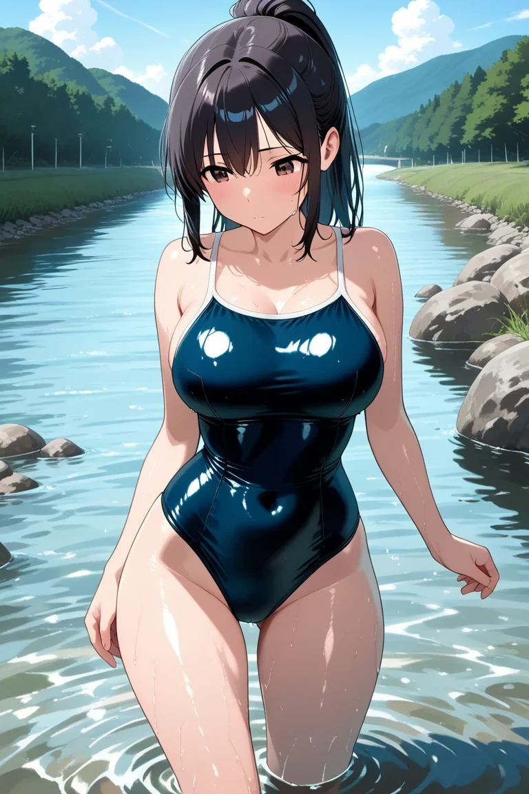 high resolution、Ultra HD、Best Quality、Top quality、Extremely detailed image quality、Realistic woman、A big smile、open mouth, (1girl:1.8)、(looking straight:1.8), Japanese、Peaceful face、45-year-old woman、Married Woman、Plump body、belly button、Black Hair、long、Shiny skin、Skin that is very shiny after applying oil、High gloss skin、Facing forward、The whole body is reflected、(The road in front of the house:1.6)、 standing、Woman wearing(The description of Competition swimwear:1.5), (One piece swimsuit:1.2), (High leg swimsuit:1.2), High leg panties, (Bursting huge breasts、Valley、Shiny skin、radiant skin、Glowing Skin、High gloss skin:1.4)、(arms behind back:1.2),