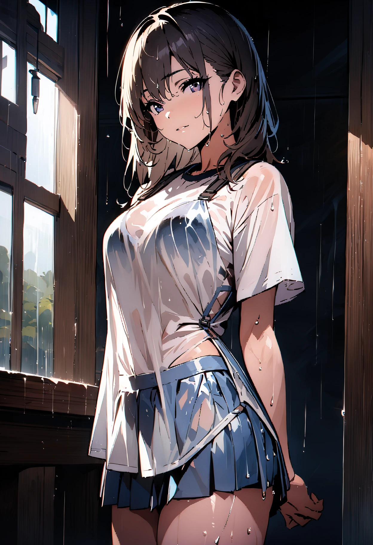 ((highest quality)),(Ultra-high resolution),(Very detailed),(Detailed Description),((The best CG)),(A masterpiece),Ultra-precise art,amazing drawing art,(Art with precise detail:1.5), (high school girl:1.6),(Wet shirt:1.5),Angry face:1.5
