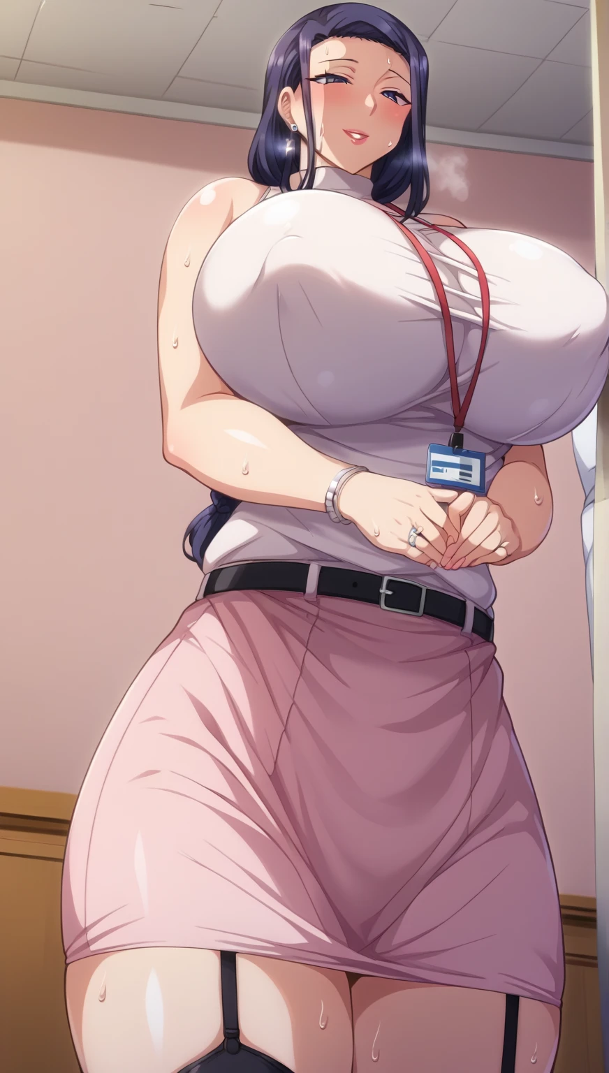 Black_hair,Red Eyes,Glasses,Big thighs,Short hair,blush,Arms behind your head,,Open Mouse,Sweat,Wavy_hair,hair slicked back,very large udder,Surprised,Spread legs,Nipple,flabbergasted,Ahegao、From below,Front view, fatness, Mature,30 years old,Brown skin, are protruding、White panty、White bra、