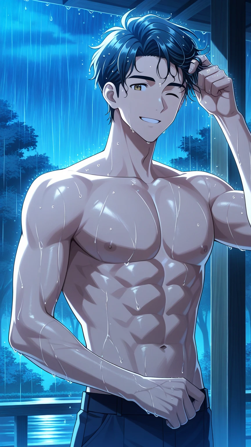 absurdres, highres, ultra detailed, HDR, master piece, best quality, extremely detailed, Gojou Satoru, white hair, expressive blue eyes, white eyelashes, Jujutsu Kaisen, solo, sexy man, handsome, horny, sensual, without clothes, naked, taking a shower, bathroom, water, dick, erection, Nu Carnival