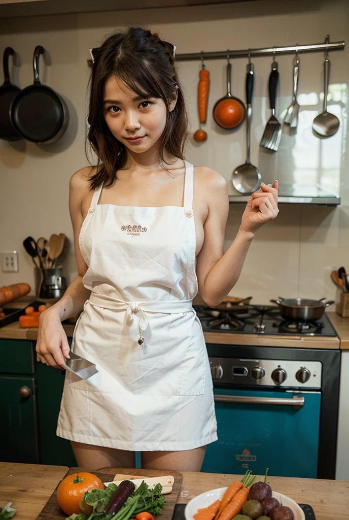 ((masterpiece:2.0, best quality)), ((ultra high res)), (photo realistic:1.4),look at viewer,(cooking),(vegetables),(meat),
NSFW,(photo of beautiful mature girl),(Japanese milf),jukujo,(cooking at the kitchen),(in kitchen),(aged body),(35-years-old:1.2),(wearing kitchen apron only:1.3),Naked apron,(hairy pussy),camel toe,large hip, cute face,(seductive smile:1.2),fine lines and wrinkles:0.7,(brown very short hair over one eye with swept bangs) ,(oiled skin),
(realistic:1.2),detailed face,sexy, unity 8k wallpaper, best quality,detailed face, masterpiece, Glasses,