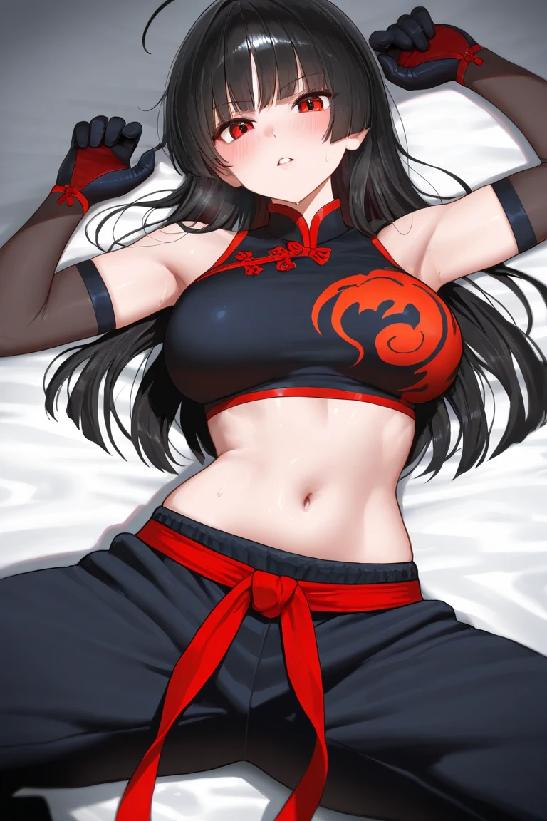 woman, sexy woman, female, mommy, black hair, red eyes, detailed eyes, detailed lips, big breasts, midriff peek, doctoruniform, sit with crossed legs, bedroom, evil smile, seductive lips, looking back crop top overhang, adjusting hair, pony tail, skirt