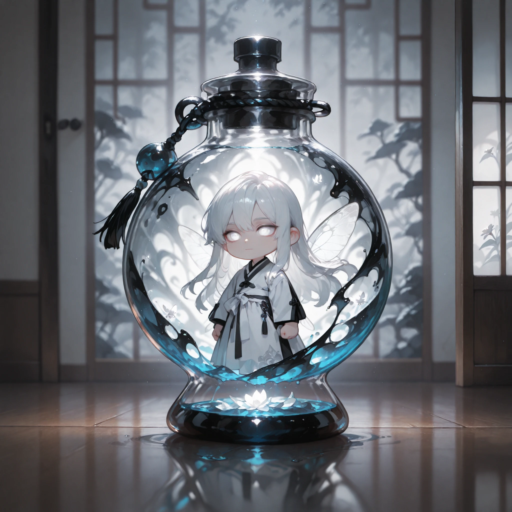 (masterpiece, high quality, ultra-detailed), chibi, solo, 1 boy, close-up, cinematic lighting, dramatic,

male fairy, handsome, long hair, hip-length hair, white hair, white eyes with dark gray outlines, detailed eyes, slight smile, traditional korean male outfit, white hanbok with black point,

Inside a sealed transparent round glass bottle, Glowing liquid inside, Fairy in a bottle

Background is oriental sliding door