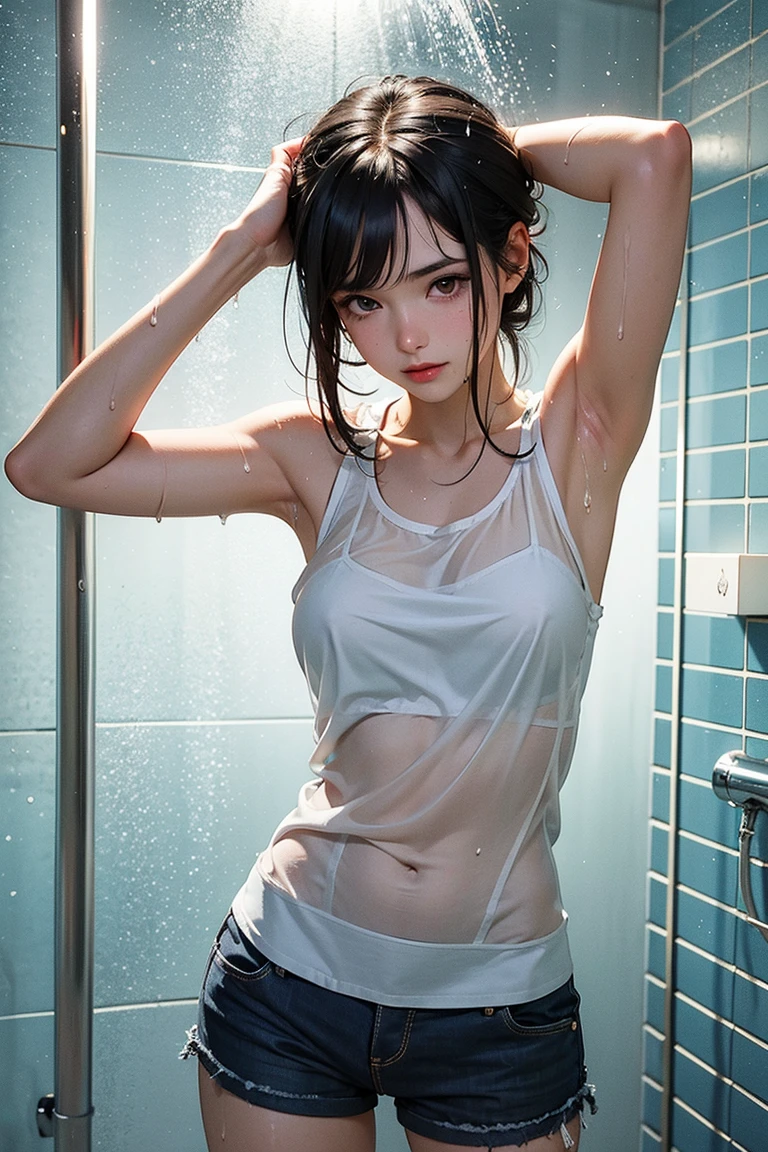 ((Anatomically correct))、((Accurate depiction of human anatomy))、((Panty shot))、((Random Hairstyles))、((masterpiece,best quality;1.3,Best Illustration)), ((Get wet:1.5)), (Raise your arms, Please show me your armpits:1.3), (Beautiful breasts, Large Breasts), Cowboy shooting,1 girl、18 year old girl、Solitary,((Small head:1.5)),Black Hair, Forehead open,((Fit body, slim body, Skinny)),Radiant Skin, Radiant Skin, Oily skin, (Soaked in the rain、camisole、micro short shorts)、heavy rain、rain、on the way,Tokyo,(Bracelet)、((Gal Makeup))