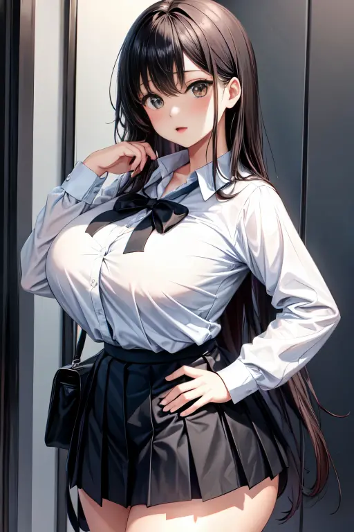Italian girl, 25 years old, very long loose black hair, super mega gigantic breasts, unbuttoned white shirt, black lace bra, black pleated miniskirt, elegant shoes, slave collar, breasts tied together, thin, school classroom, hands tied