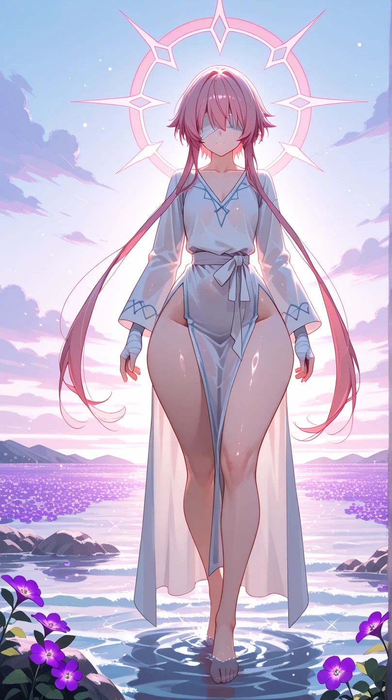 a kind, thicc, voluptuous, goddess, with long full shimmering sea green and blue colored hair, (((shimmering golden sunset colored eyes))), thick red antlers like tree branches, a soft (((cream colored))) long dress, (((dark skin))), lora:Dskin_v1.0:1, (((perfect face))), full body image