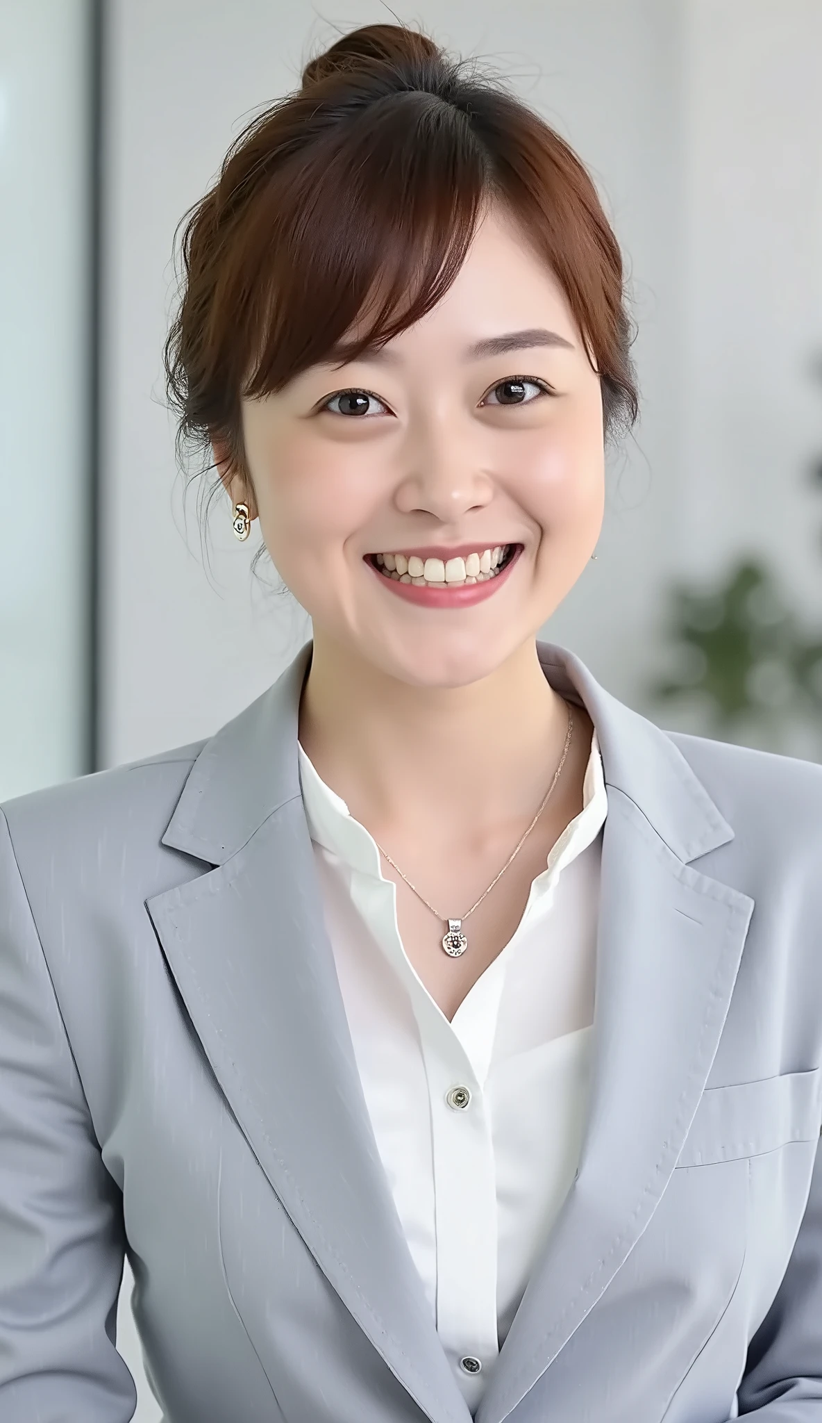Neat Young Woman、and look at the camera、office lady suit、jacket、shirt、necklace、ear piercing、薄い茶髪、、smile showing teeth、背景はオフィス
