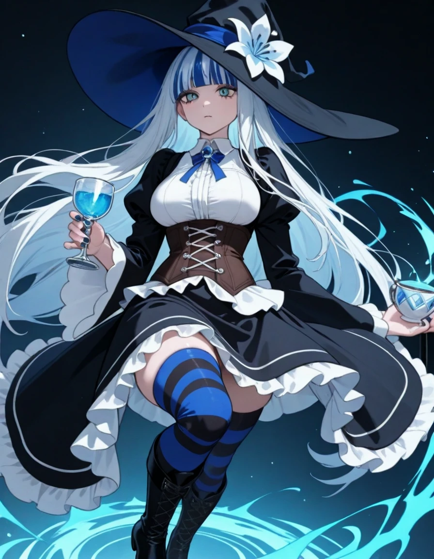 absurderes, hight resolution, 1girl in, Solo, (Lori:1.2), Cowboy Shot, (Tsunami:1.4), Wet clothes, White hair, frilld, large earring, Gorgeous Necklaces, Gorgeous bracelets, Witch, Witch Hat, witch clothing, Magic Water, see through, (floating water drop), (Water splash), Attack Pose, (Magic Circle:1.3), (Water Effects:1.2), Dynamic Pose, Dynamic Angle, from the front side, open hand, grin,