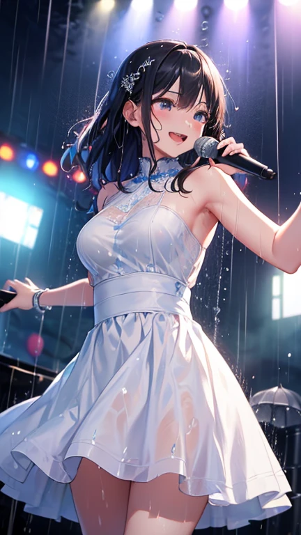 8K quality、High definition eyes、One woman、Brown short hair、Purple hair extensions、Brown eyes、Black-rimmed glasses、Ring piercing of the earlobe、Holding a microphone、Sing a song、Bright sunshine、Dancing and singing on the beach、Sweat、Oversized off-the-shoulder T-shirt that hangs down to the chest、Short frill skirt、Beautiful legs、Beautiful thighs、Shot from above、Dignified face